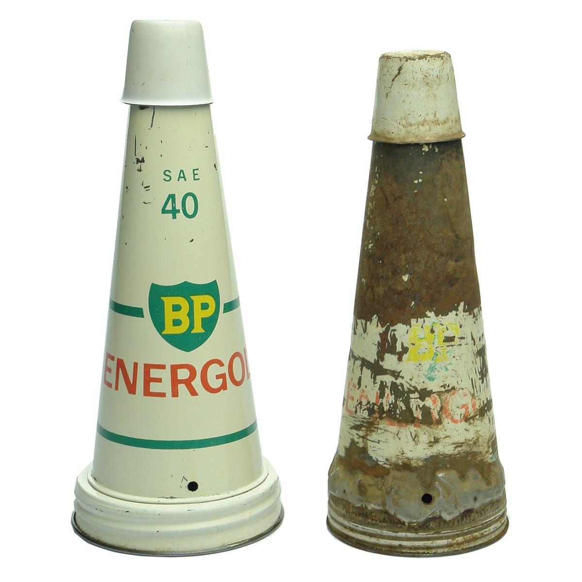 Two tin oil bottle pourers: BP Energol. Metal caps.