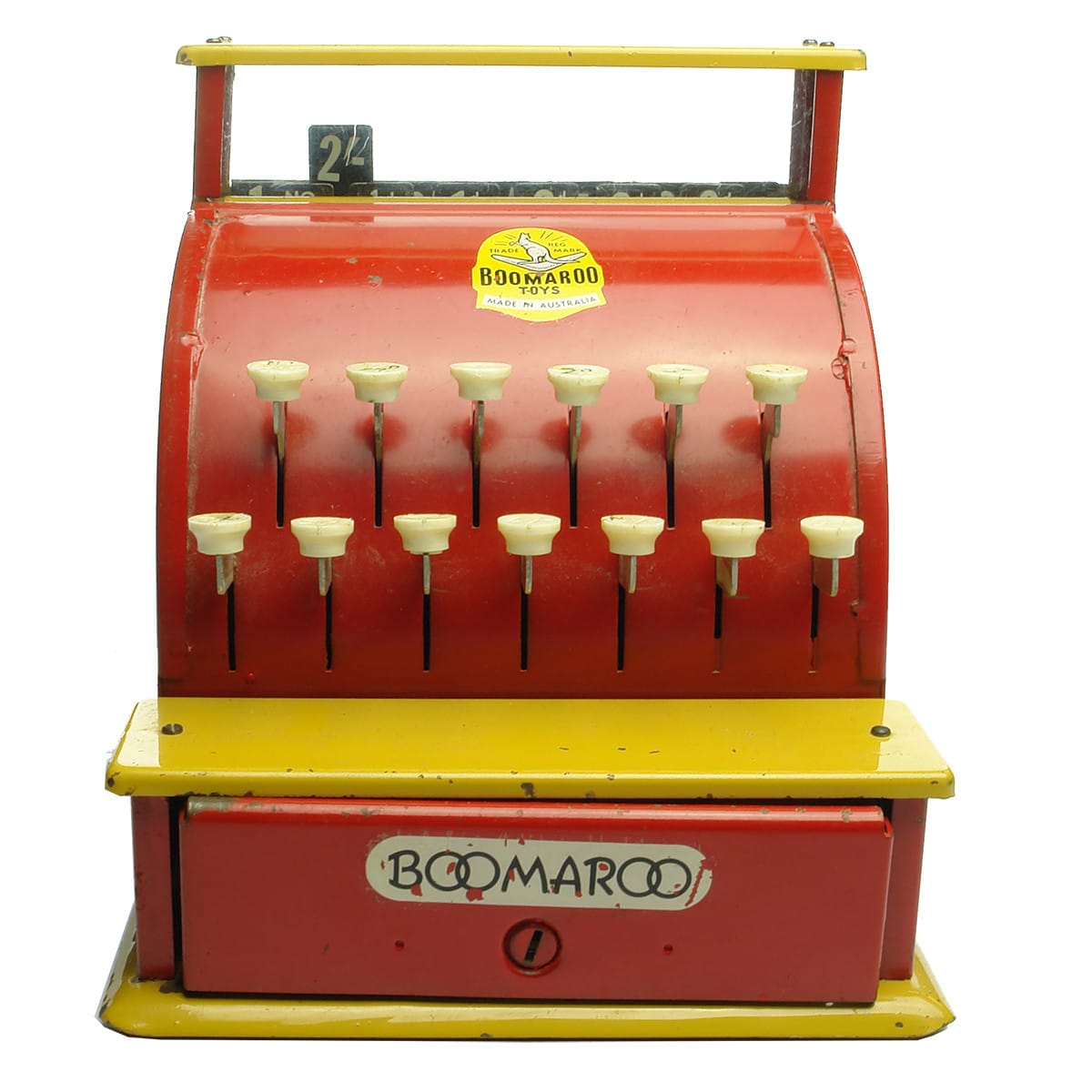 Boomaroo Toys. Cash Register. Imperial values 1/2d to 1 pound.