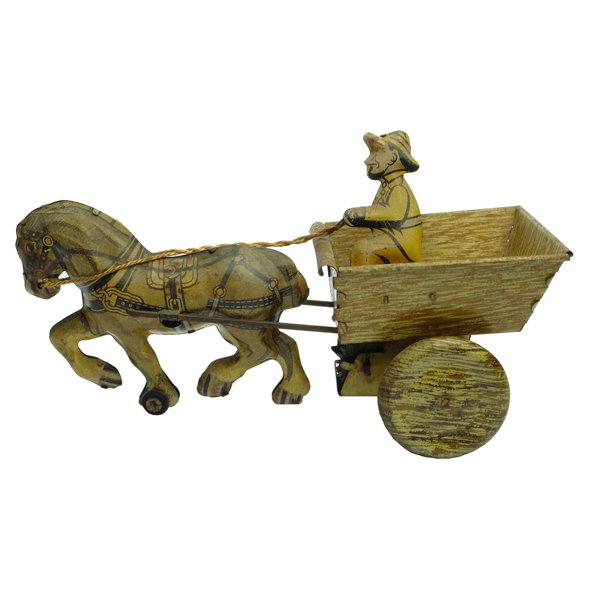 Tin Toy. Horse pulling a cart. Man in the cart with reins. Winds up. Marx Toys, Great Britain.