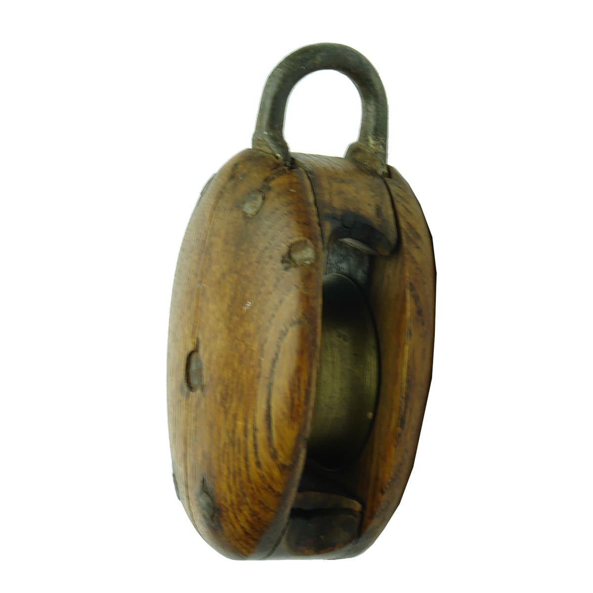 Tools. Early wooden pulley with brass spool.