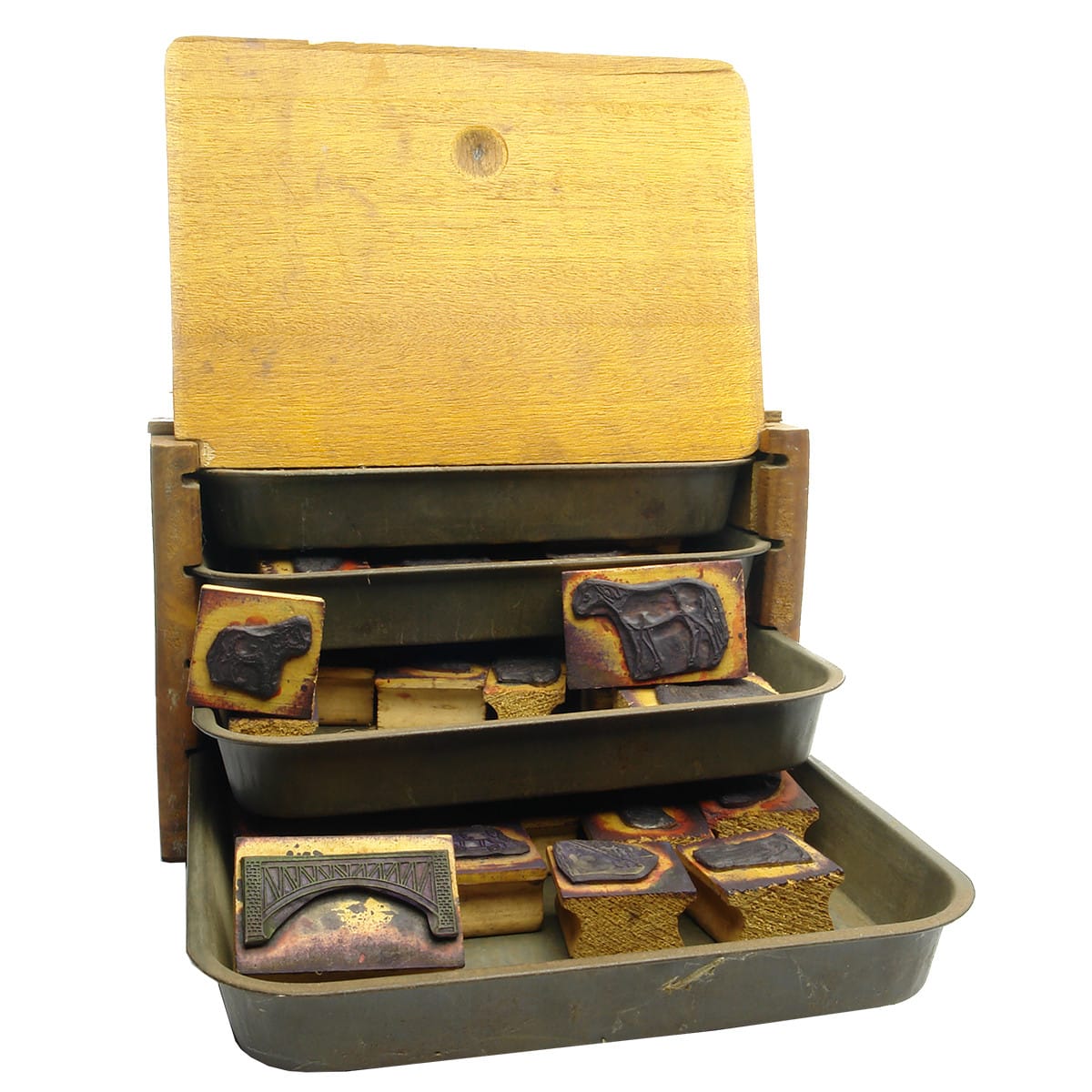 Toy. Wooden Box with Four Trays of Children's Printing Blocks.