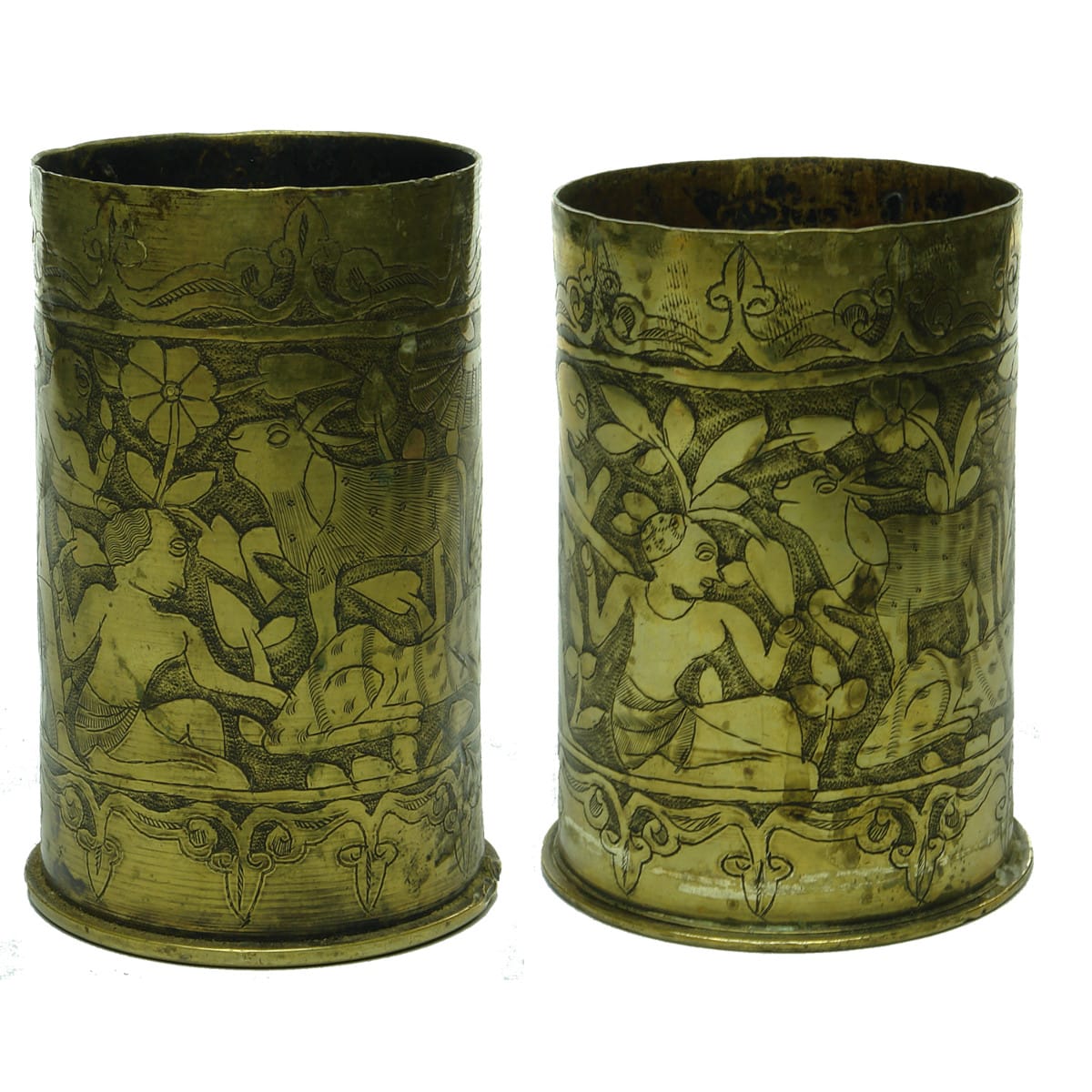 Trench Art. Two Shells Carved With Egyptian Scenes.