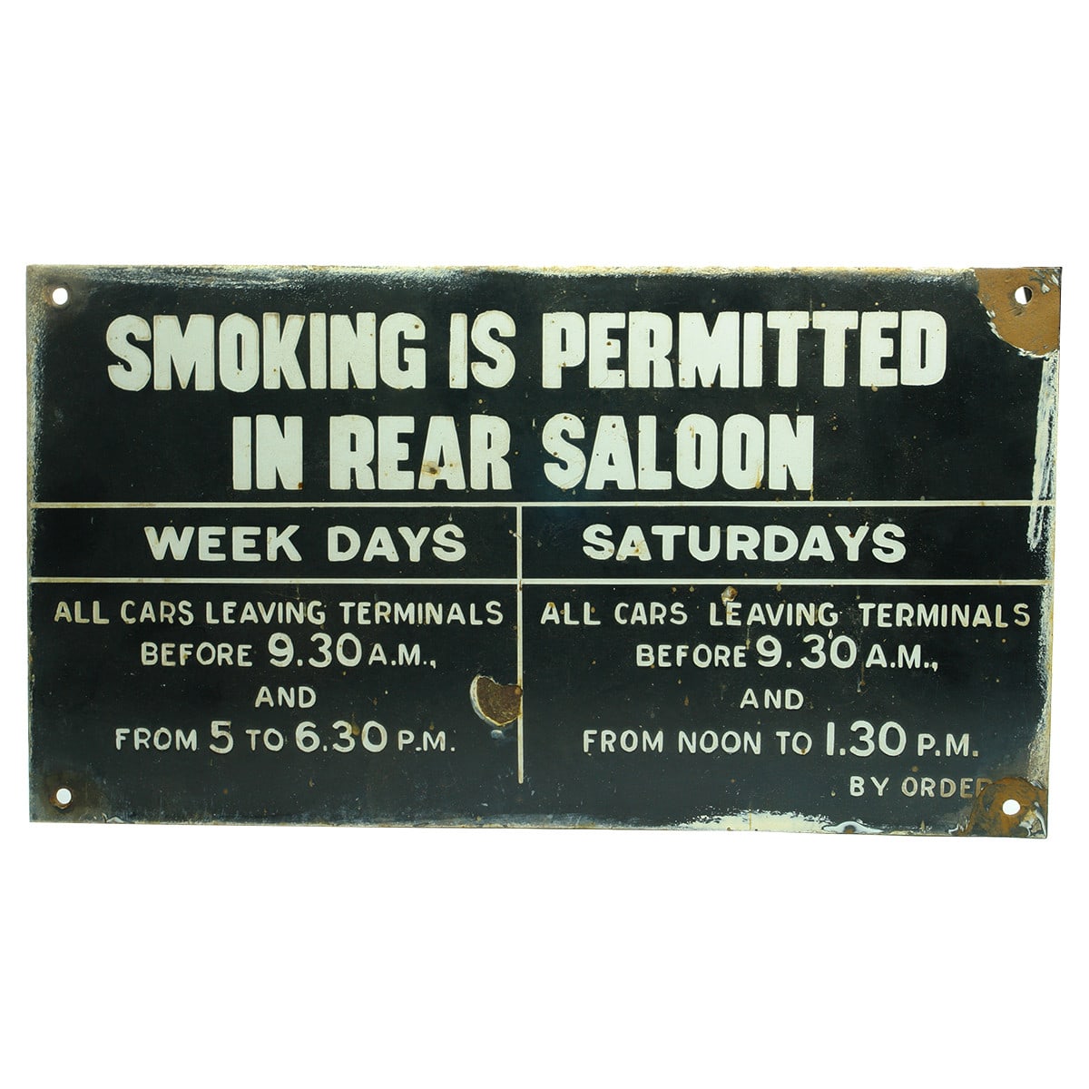 Enamel Railway Carriage Sign. Smoking is Permitted in Rear Saloon with times. Black & White. (Victoria)