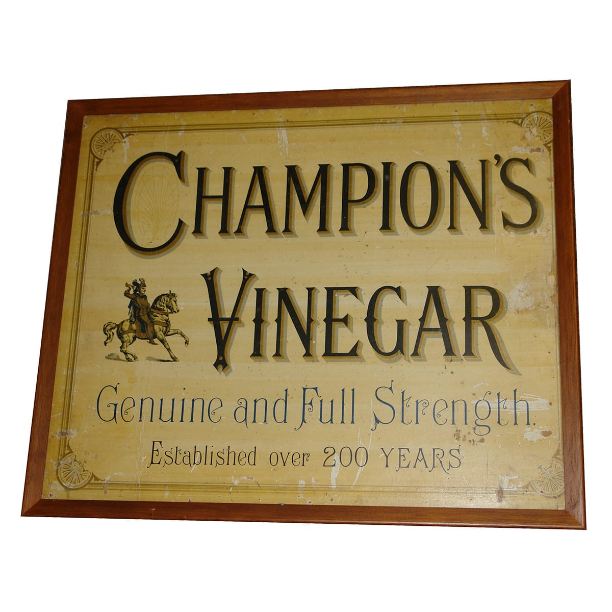 Cardboard Sign. Champion's Vinegar, in frame.