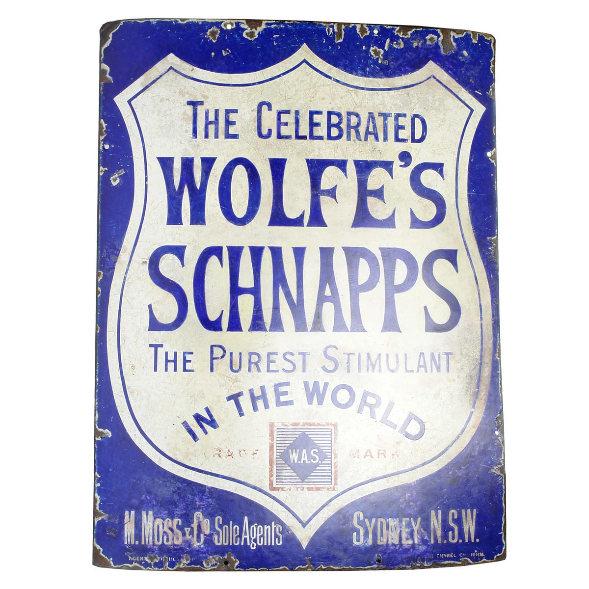 Enamel Sign. Wolfe's Schnapps, M. Moss & Co Agents, Sydney. (New South Wales)