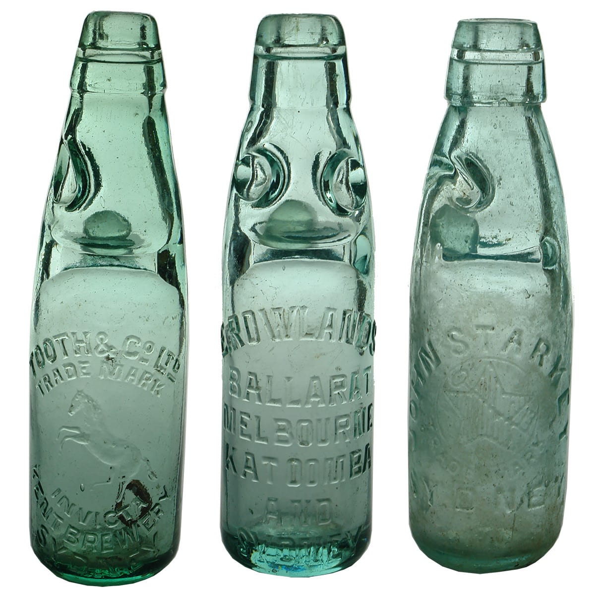 Three Codds: Tooth & Co Ltd, Sydney; E. Rowlands, Four Cities; John Starkey, Codd's Bottle. (New South Wales & Victoria)