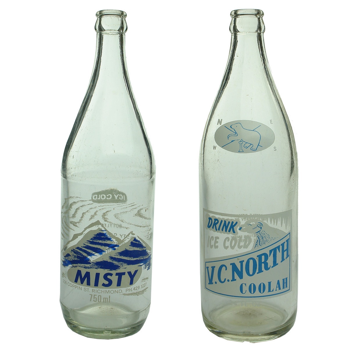 2 Ceramic Label Crown Seals. Misty Soft Drinks. 236 Coppin St., Richmond. 750 ml. and V. C. North, Coolah 24 oz. (Victoria & New South Wales)