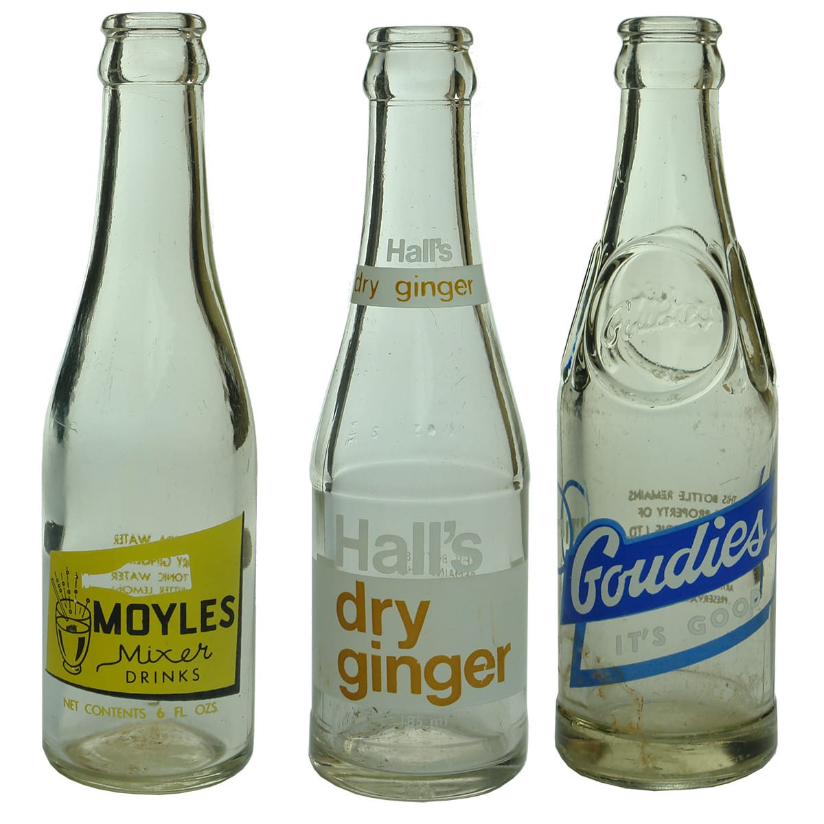 3 small Ceramic Label Crown Seals. Moyles Mixer Drinks. Hall's Dry Ginger and Goudies. (South Australia)