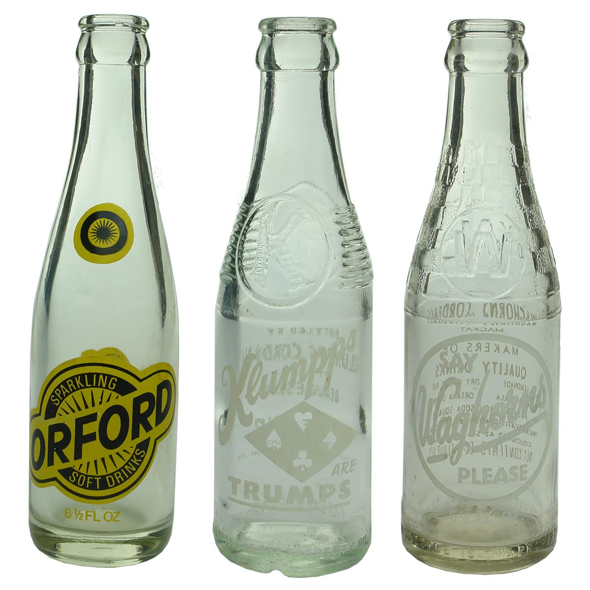 3 Ceramic Label Crown Seals: Orford Soft Drinks; Klumpps are Trumps Beaudesert; Waghorn's Mackay. (Queensland)