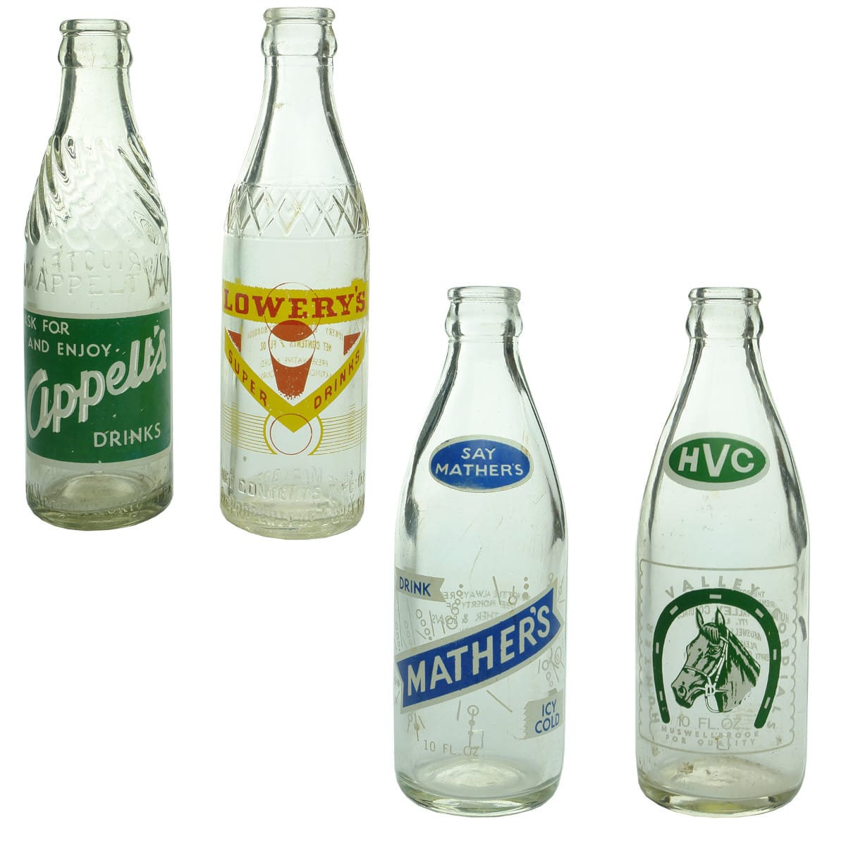 Four Ceramic Label Crown Seals: Lowery's Maryborough; Appelt's Nuriootpa; Mathers Singleton and Hunter Valley Cordials, Muswellbrook. (New South Wales, Victoria & South Australia)