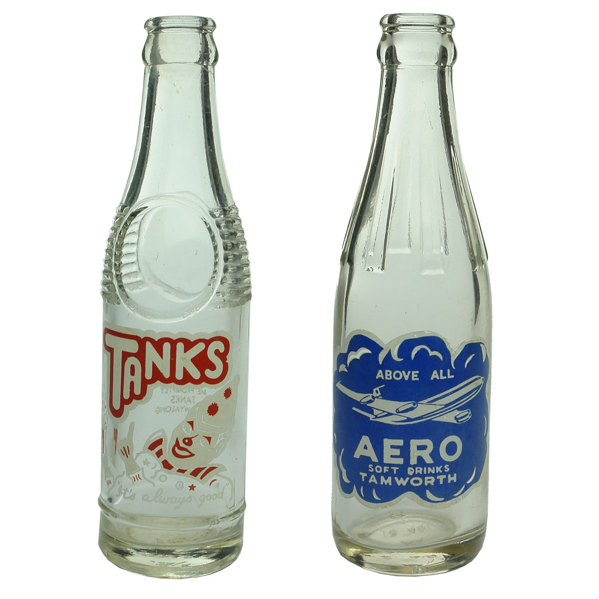 2 Ceramic Label Crown Seals: Tanks, West Wyalong and Aero Soft Drinks, Tamworth. (New South Wales)