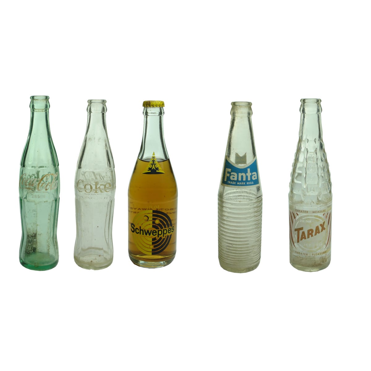 Five Ceramic Label Crown Seals: 2 x Coke; Schweppes; Fanta; Tarax.