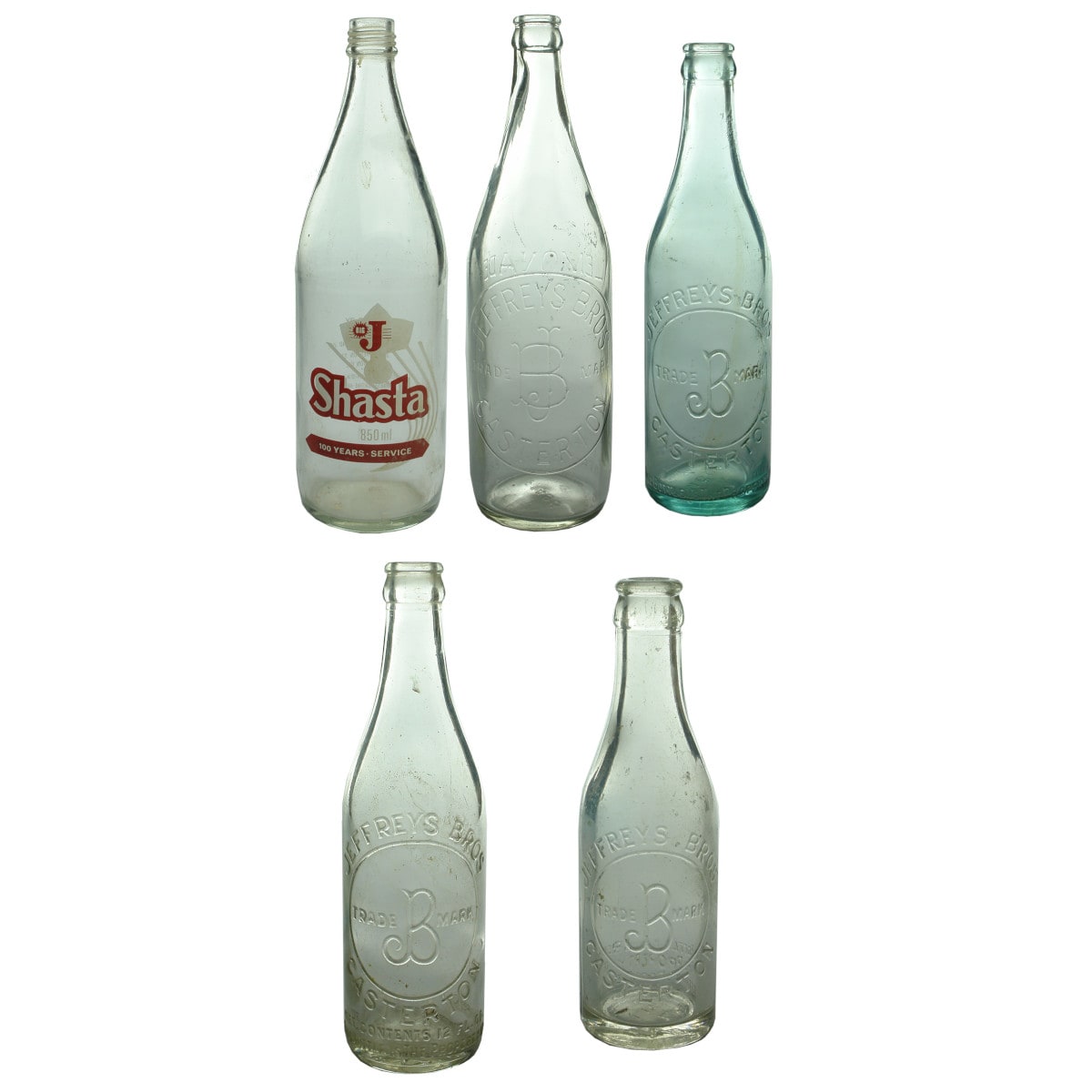 Five Jeffreys Bros., Casterton Bottles. Ceramic Label Screw top and Four different sized Crown Seals. (Victoria)