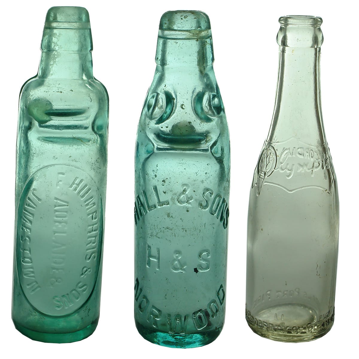 3 SA Aerated Waters: Humphris, Adelaide Codd; Hall & Sons Norwood Codd; Olympic Cordials Crown Seal. (South Australia)