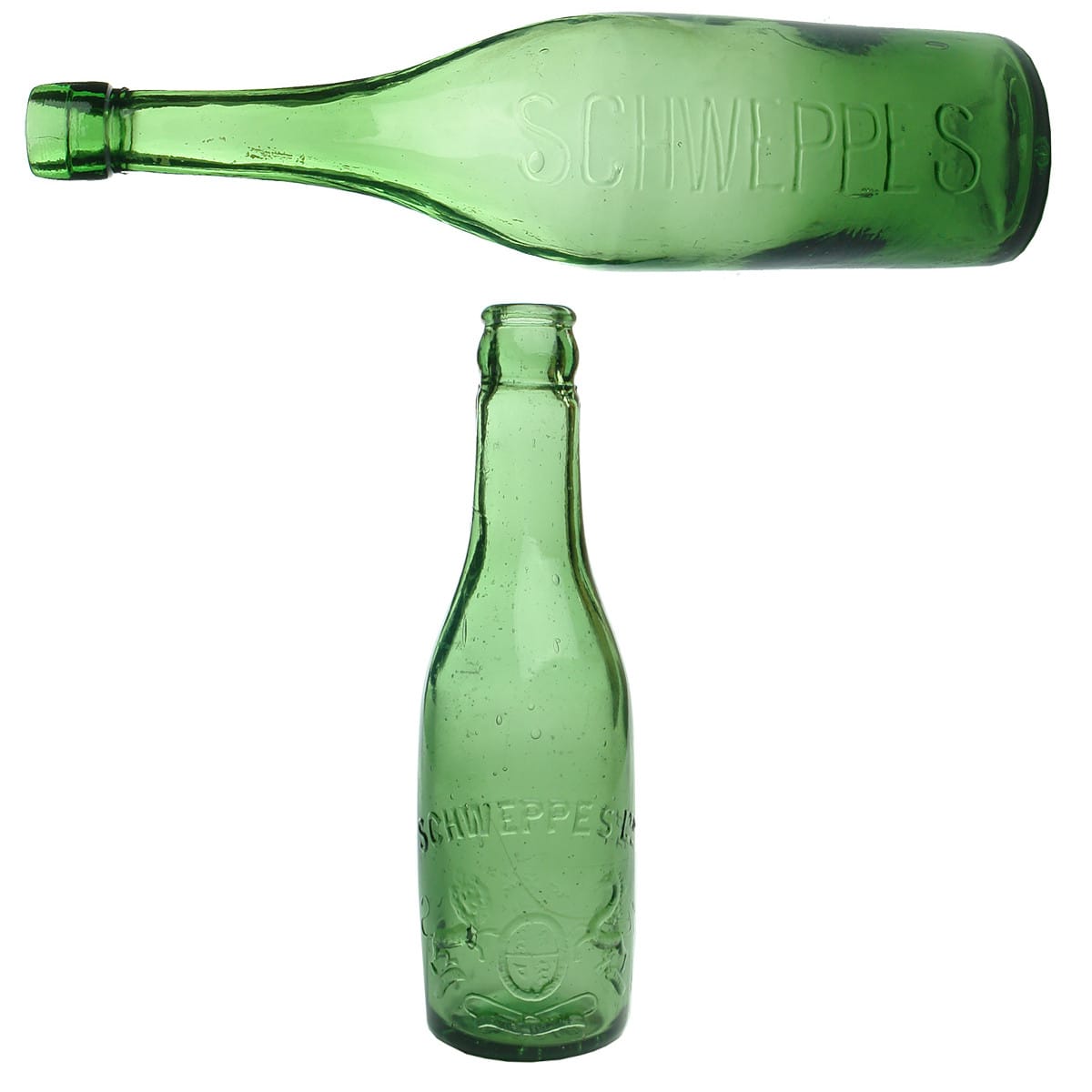 Two Schweppes Bottles: Tall green Corker and Crude machine made 6 oz Crown Seal.
