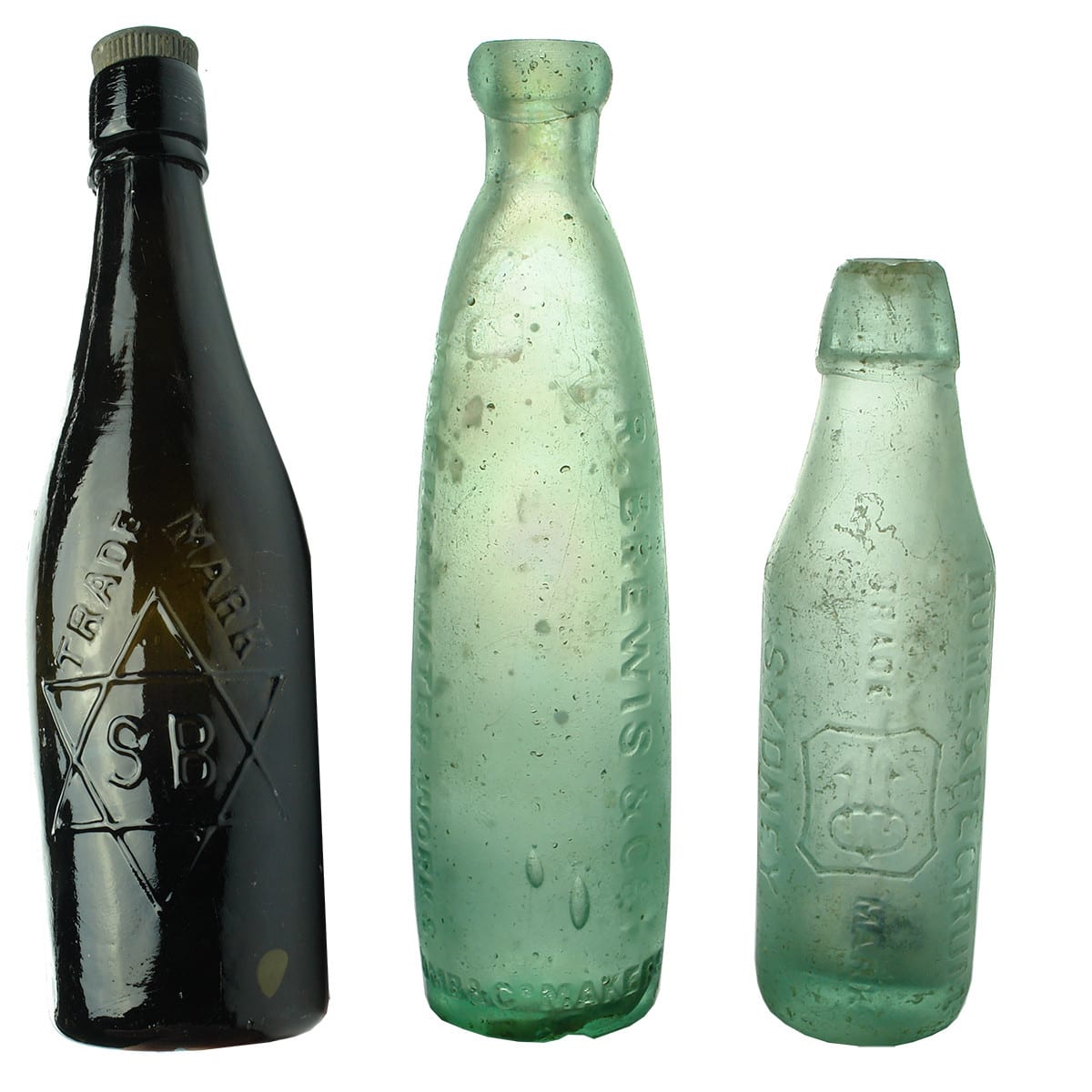 3 bottles: SB in Star Internal Thread; Brewis, Blyth stick bottle; Hume & Pegrum, Sydney two dimple patent.