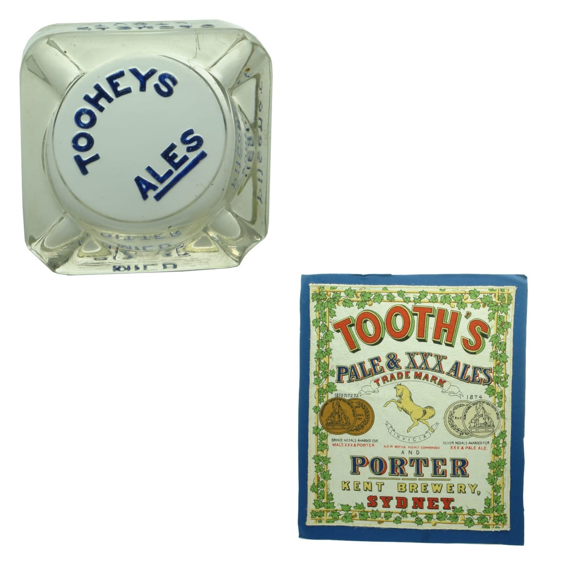Two Beer Advertising pieces: Tooheys Ales glass Ashtray and woven advert for Tooth's Pale & XXX Ales. (New South Wales)