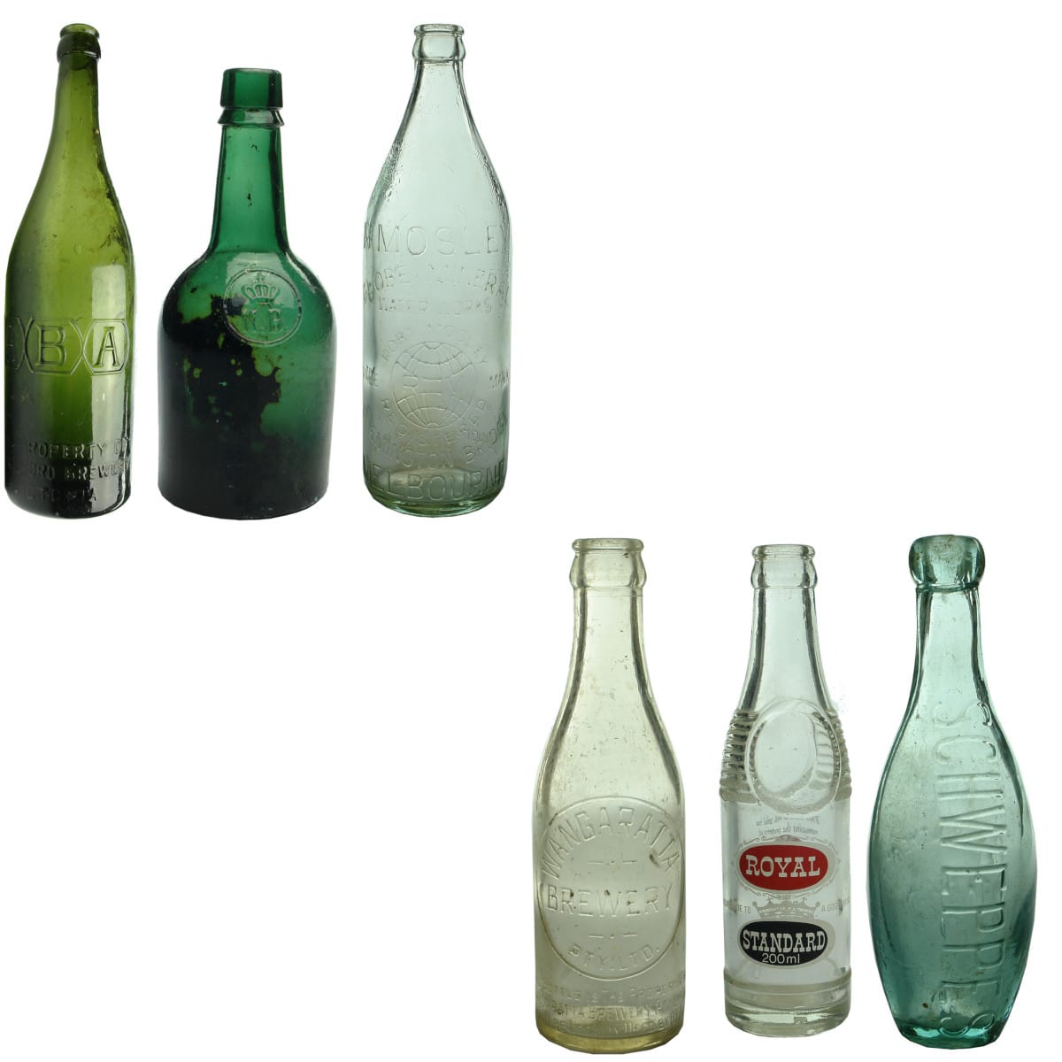 6 Bottles: ABA Beer; Kongens Denmark Beer; Wangaratta Brewery crown seal; BCX Crown Seal; Mosley Crown Seal; Schweppes Skittle.