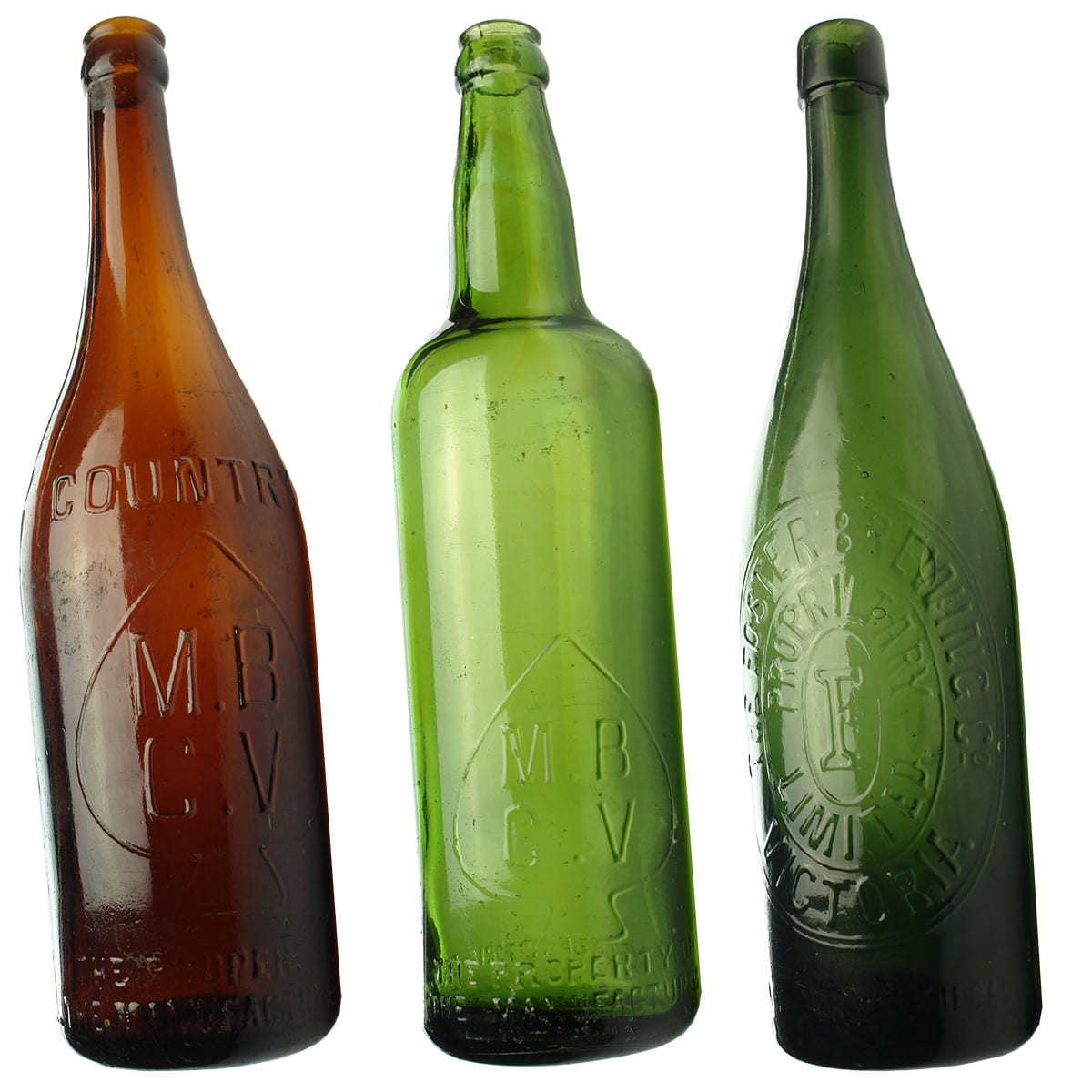 Three Beers, 2 x MBCV & Foster Brewing Co. MBCV Red Amber champagne shape Country. MBCV Mid green shouldered type. Foster Brewing Co. Wrap Top.(Victoria)