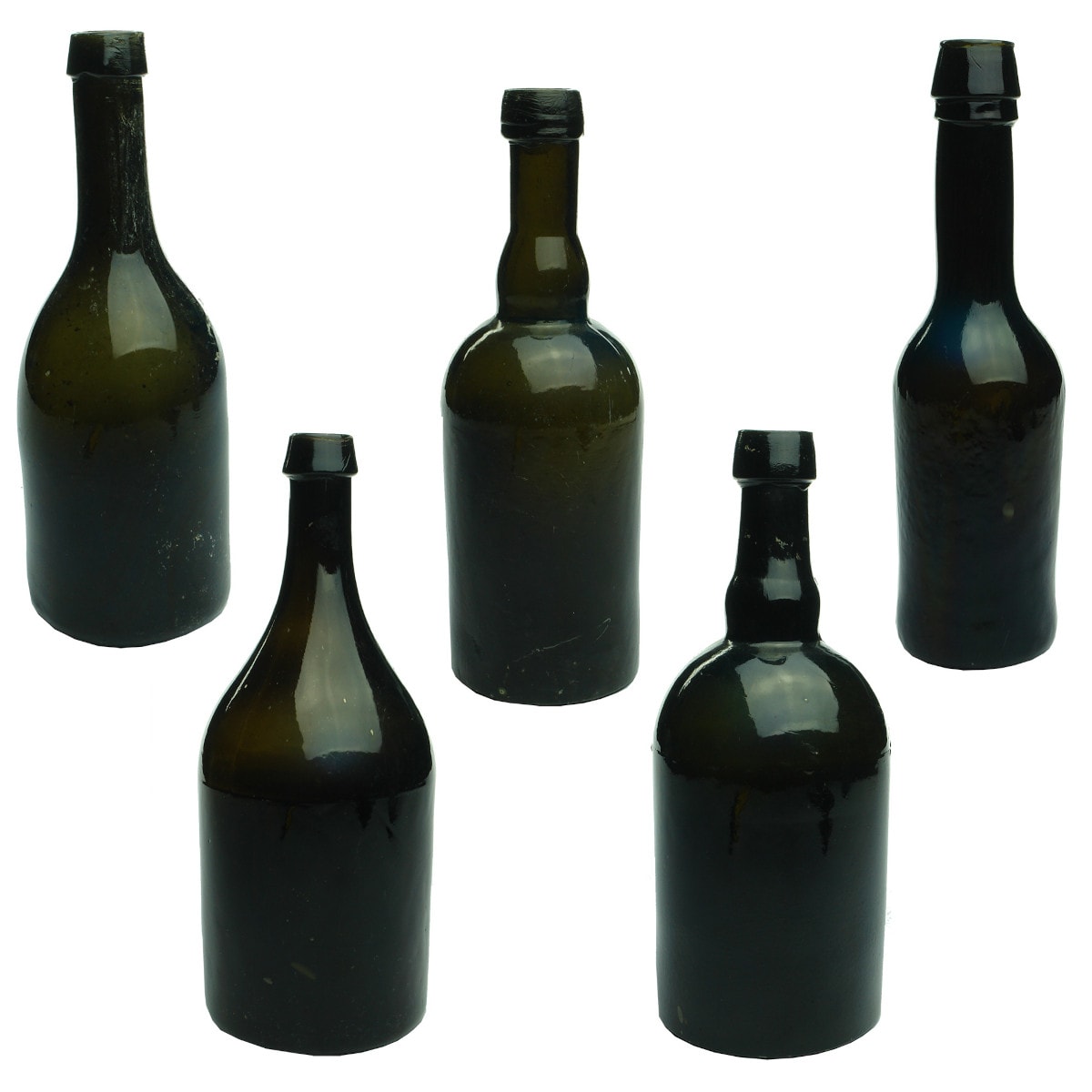 Five Black Glass Bottles: 2 x Thick & Thin; Machen; 2 x Cod Liver Oil.