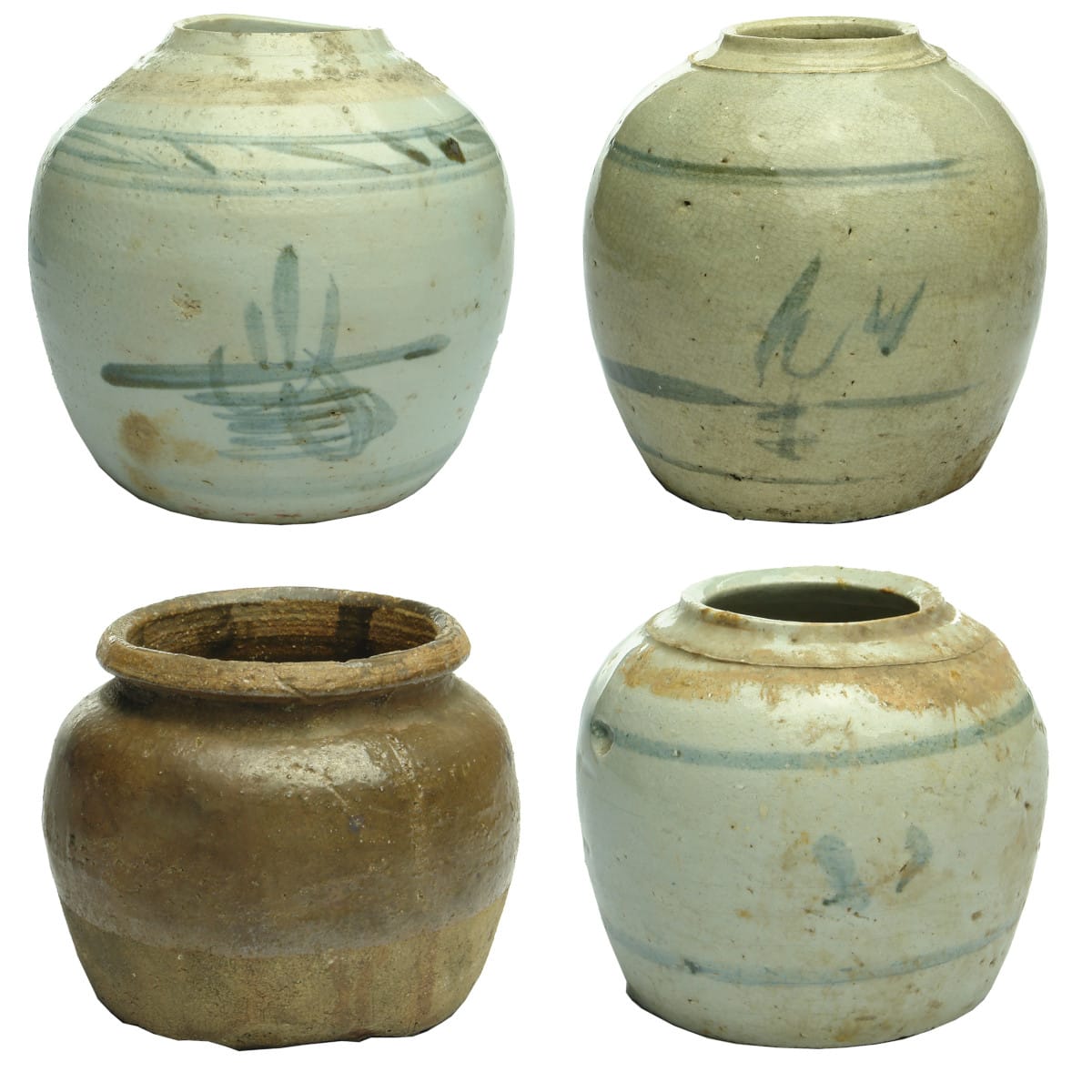 4 Chinese Jars. 1. & 2. Blue and Grey-Green brush strokes decoration. 3. & 4. Wide mouth brown glaze and a Grey/Blue Ginger Jar.