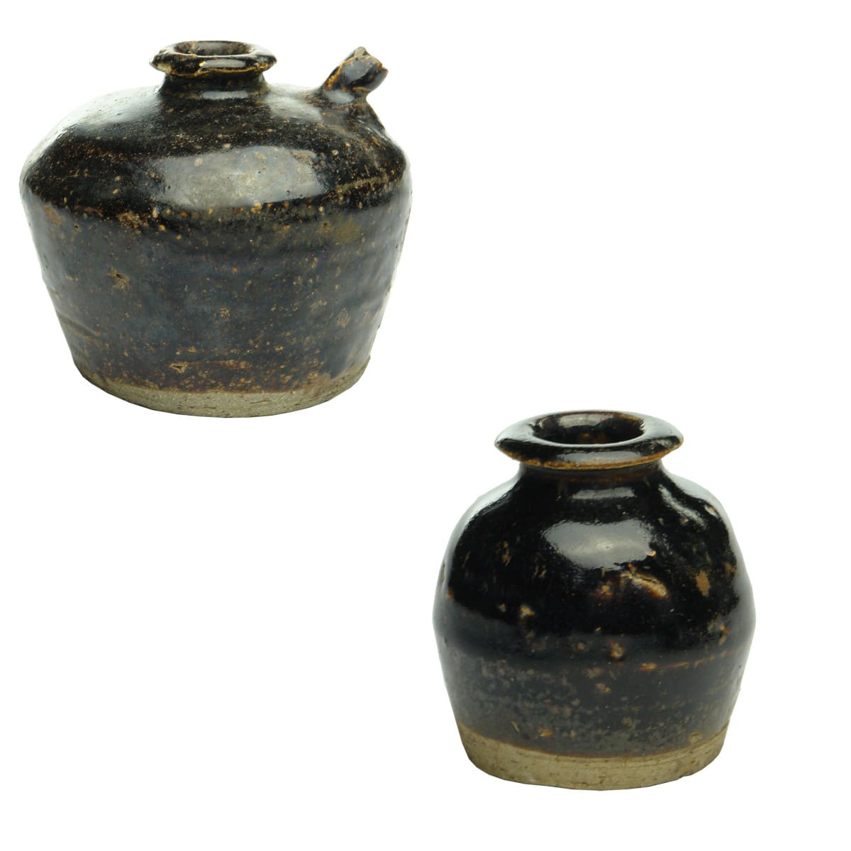 2 small brown glazed Chinese jars: Soy Sauce and Spice or Sauce jar.