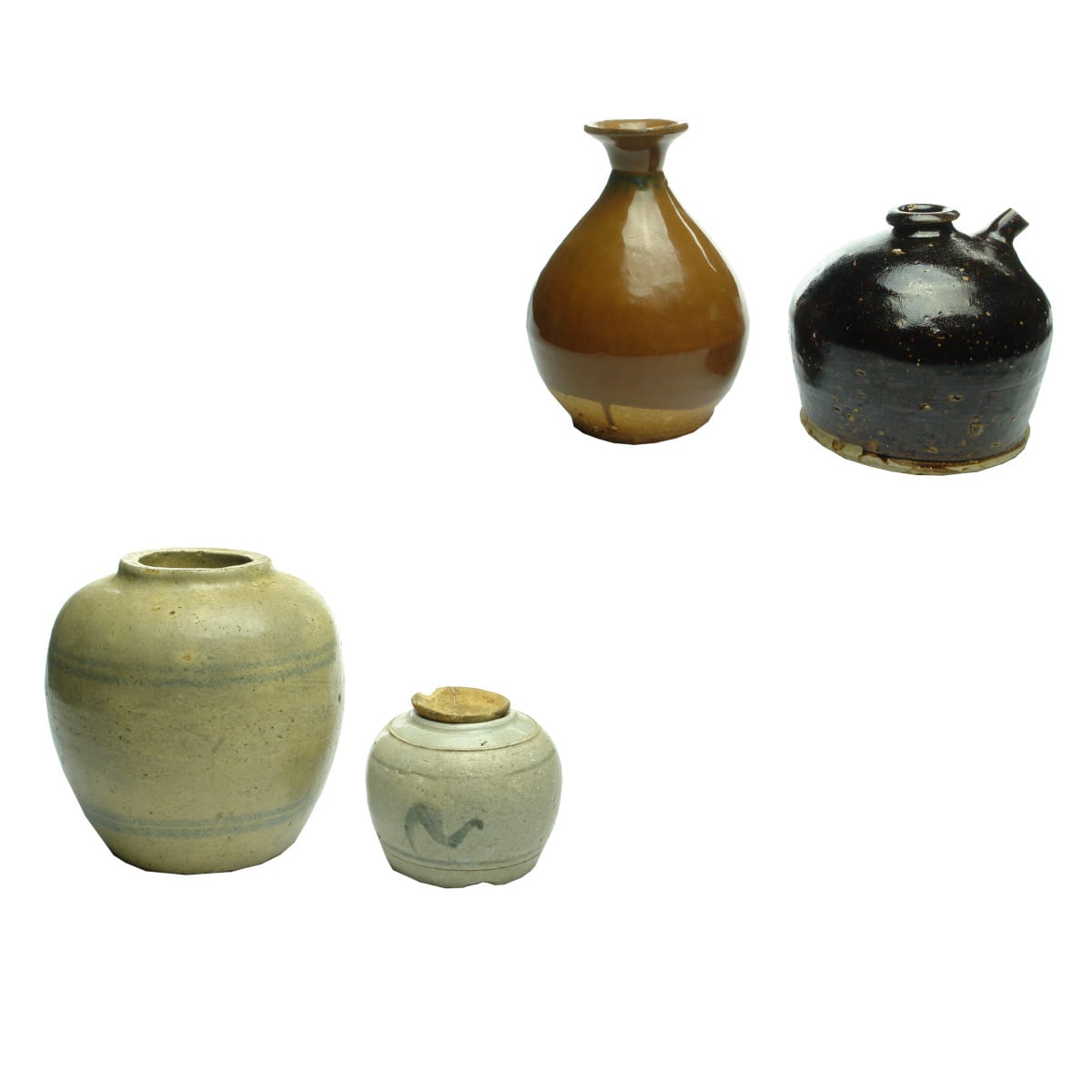Four Chinese Pieces: Tiger Whisky; Soy Sauce; 2 x Grey Ginger Jars.