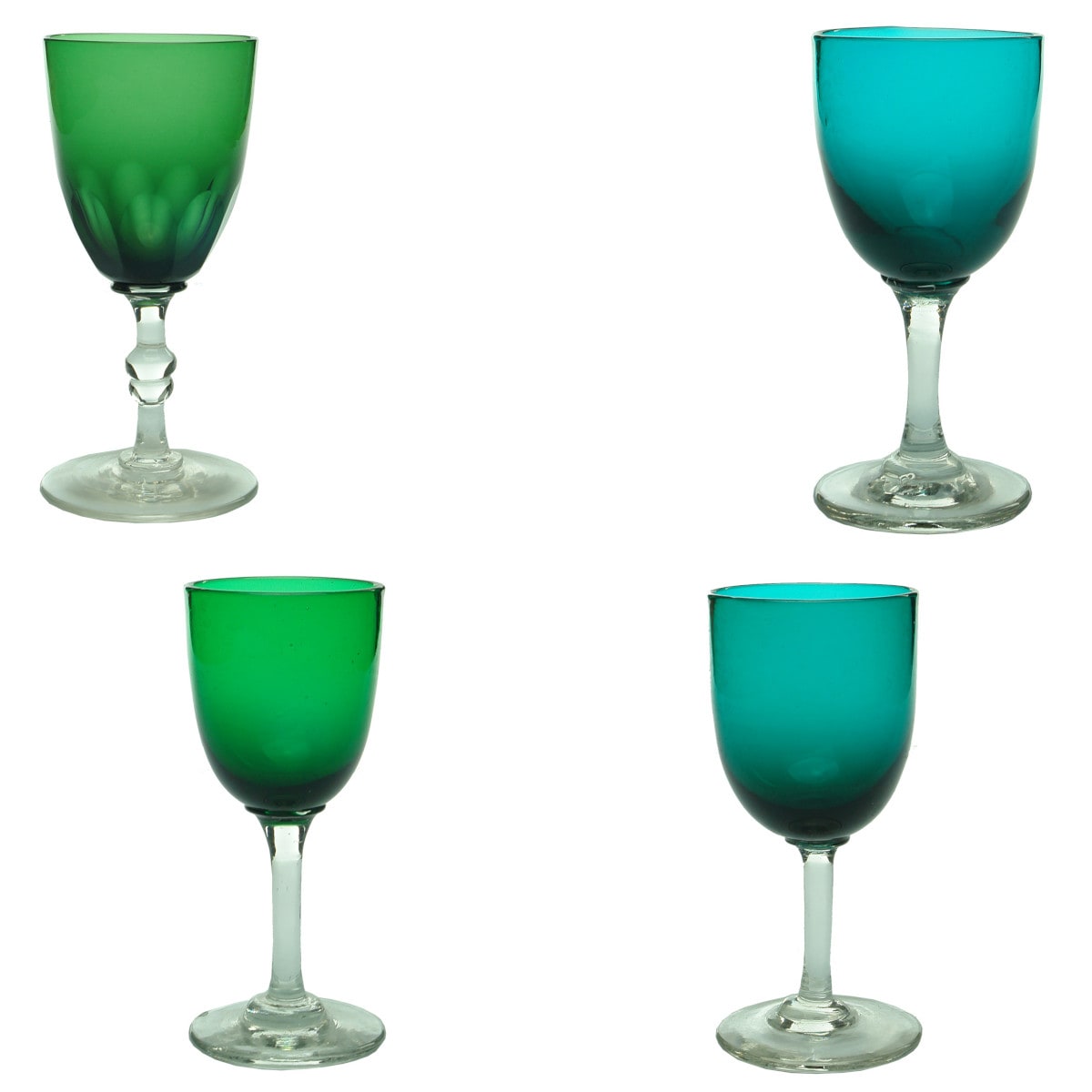 Early Glass. Four different Victorian/Georgian small green wine glasses with clear stems.