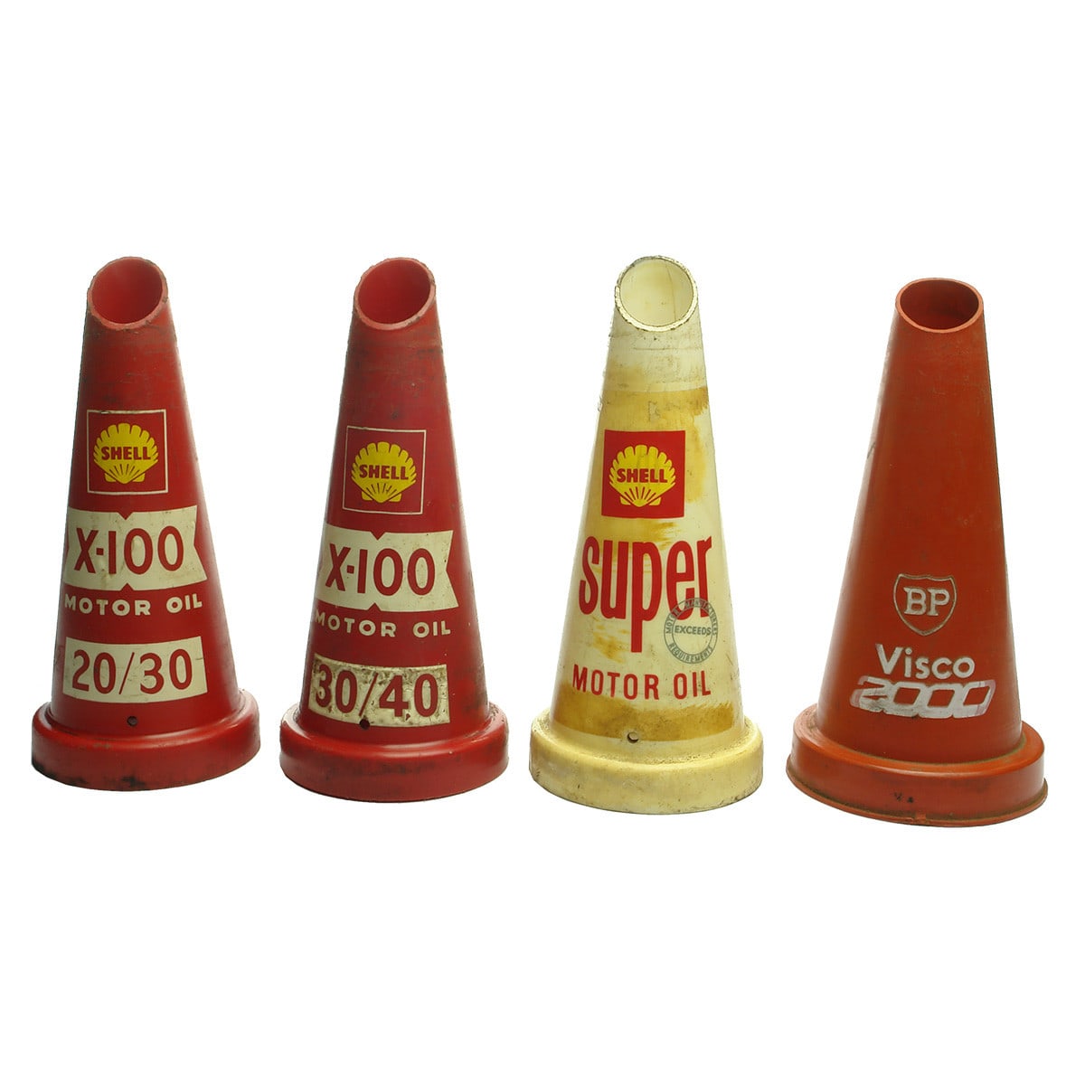 Four Plastic Oil Bottle Pourers: Three different Shell Motor Oil and one BP Visco.