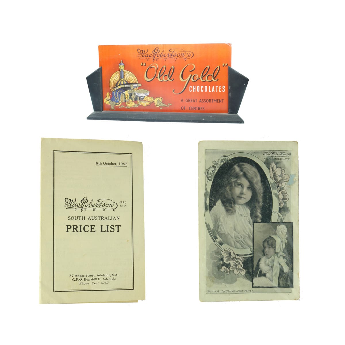 3 Pieces of MacRobertsons Ephemera/Advertising: Old Gold Chocolates Display Stand; 1947 South Australian Price List; 1906 Postcard.
