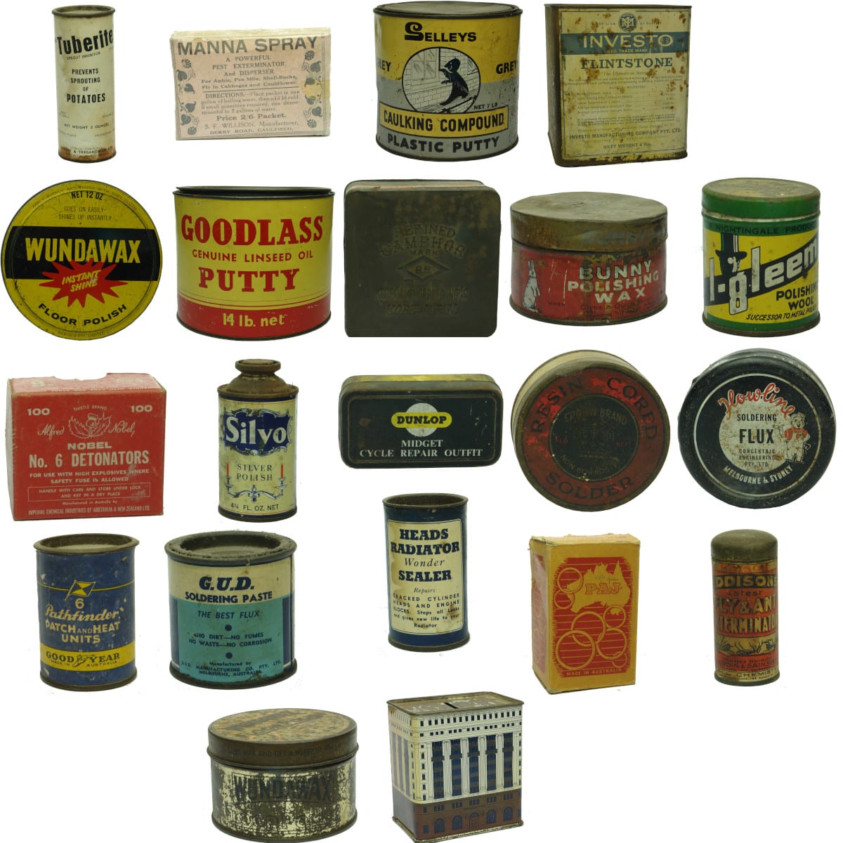 A range of tins and packaging. Mostly Garage and Garden Shed products plus a money box!
