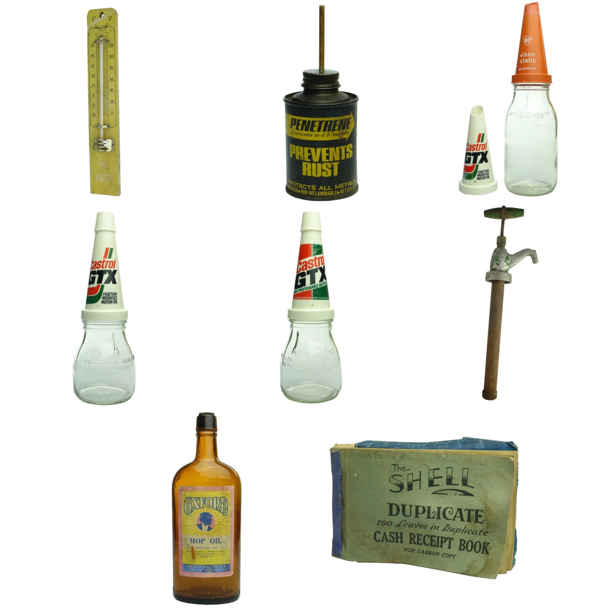 12 Petroleum related items: Turner, Barham thermometer; Penetrene; 3 Generic Oil Bottles (4 Plastic Pourers); W M Sydney Pump; Oxford Polish; Shell Receipt.