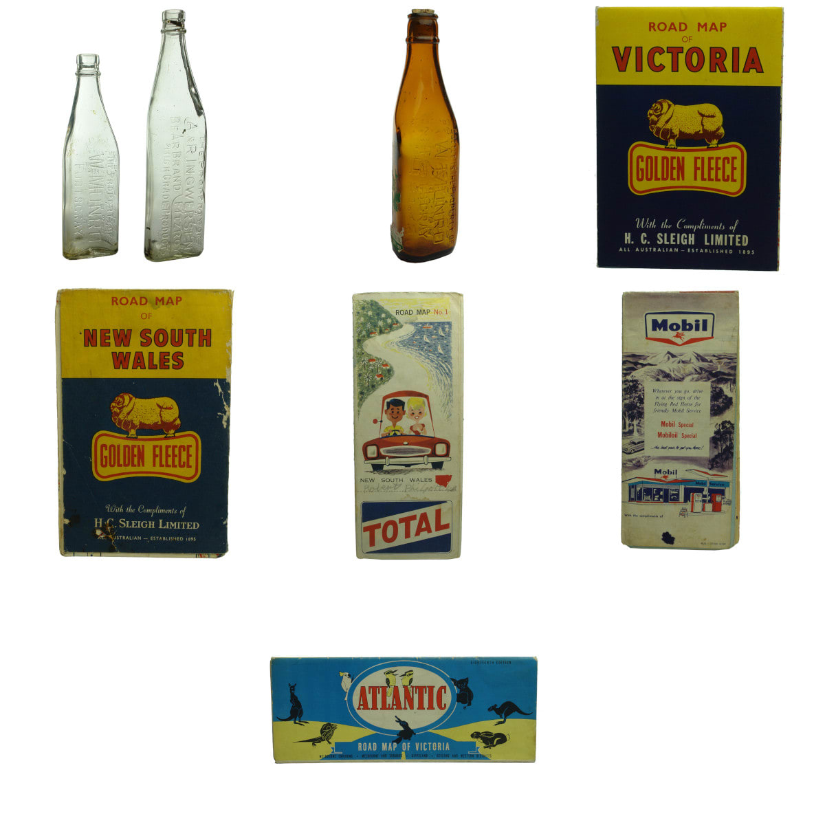 Garagenalia. Three kero bottles and Five Petrol Company Road Maps: 2 x Munro Footscray & Ingwersen, Bear Brand; Golden Fleece Victoria; Golden Fleece New South Wales; Total New South Wales; Mobil New South Wales; Atlantic Victoria.