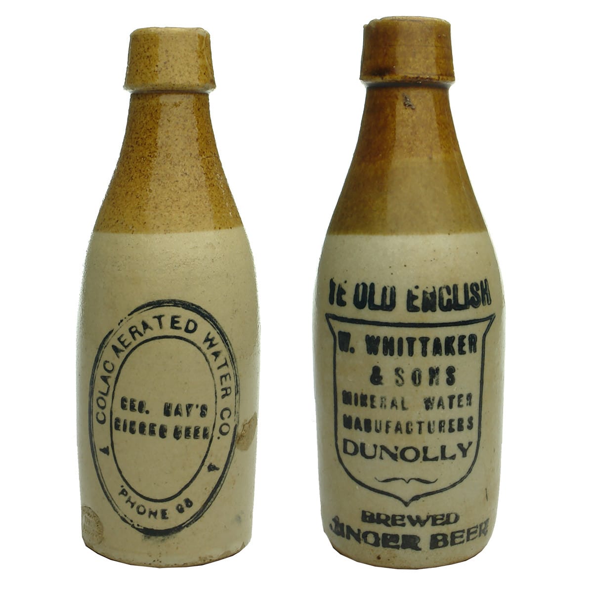 2 Ginger Beers: Hay's Colac Aerated Water Co; W. Whittaker & Sons, Dunolly. (Victoria)