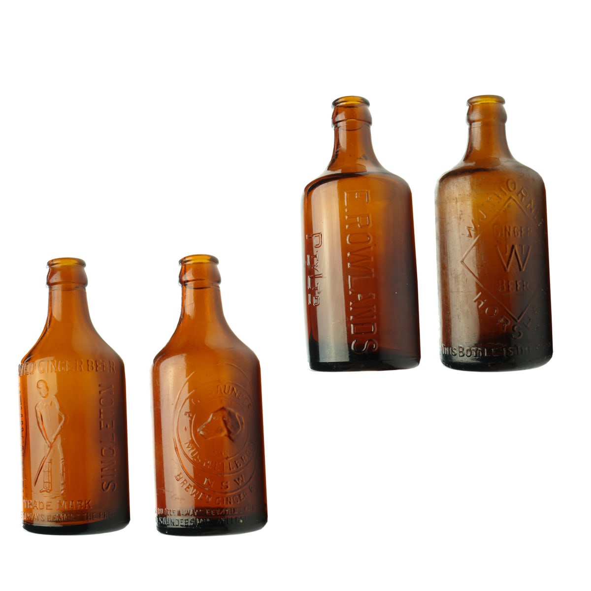 Four Dump Glass Ginger Beers: Alex Mather, Singleton; A. G. Saunders, Muswellbrook; E. Rowlands Pty Ltd and W. J. Thornley, Horsham. (New South Wales & Victoria)
