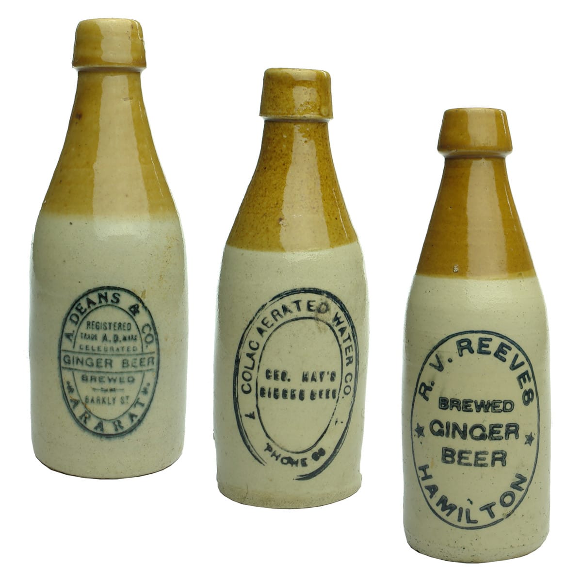 Three Ginger Beers. A. Deans & Co., Ararat; Colac Aerated Water Co, Geo. Hay's; Reeves, Hamilton. Champagne. Tan Top. (Victoria)