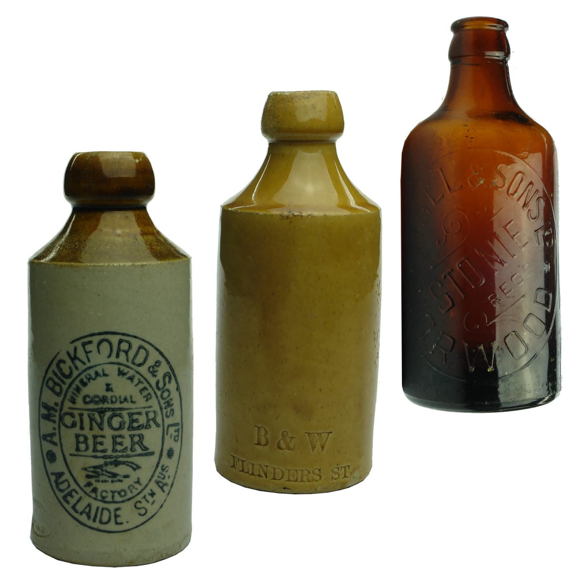 3 Ginger Beers: A. M. Bickford & Sons Ltd Adelaide; B & W, Flinders St; Hall & Sons Ltd Norwood. (South Australia)