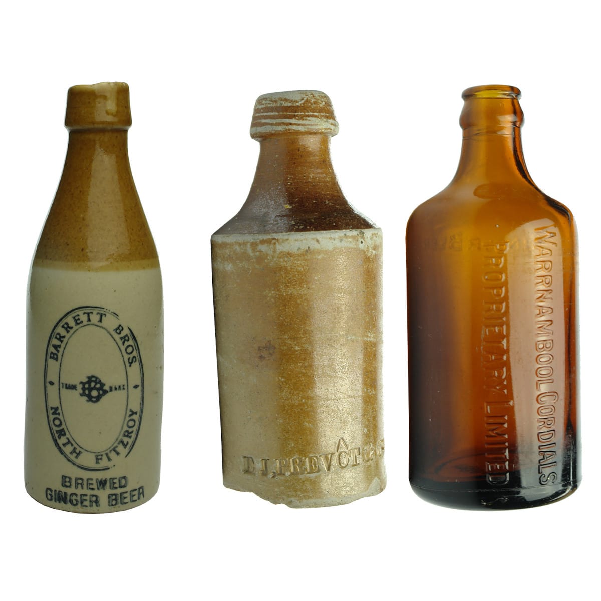 Three Ginger Beers: Barrett Bros., North Fitzroy; E. J. Prevot & Co; Warrnambool Cordials amber glass. (Victoria)