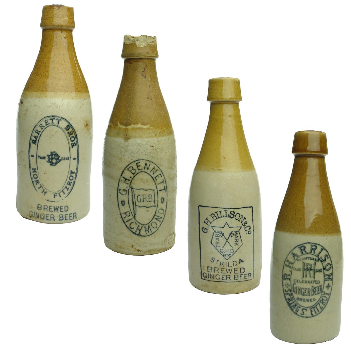 Four classic Melbourne Ginger Beers! Barrett Bros; G. H. Bennett; G. H. Billson & Co; R. Harrison. (Victoria)