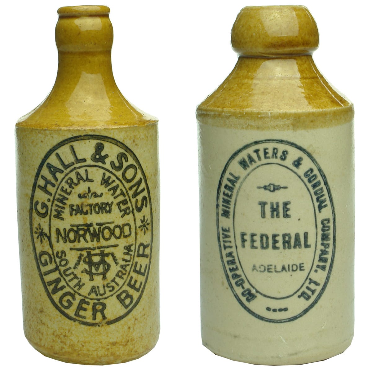Two Ginger Beers. G. Hall & Sons, Mineral Water Factory, Norwood and Co-operative Mineral Waters & Cordial Co Adelaide. (South Australia)