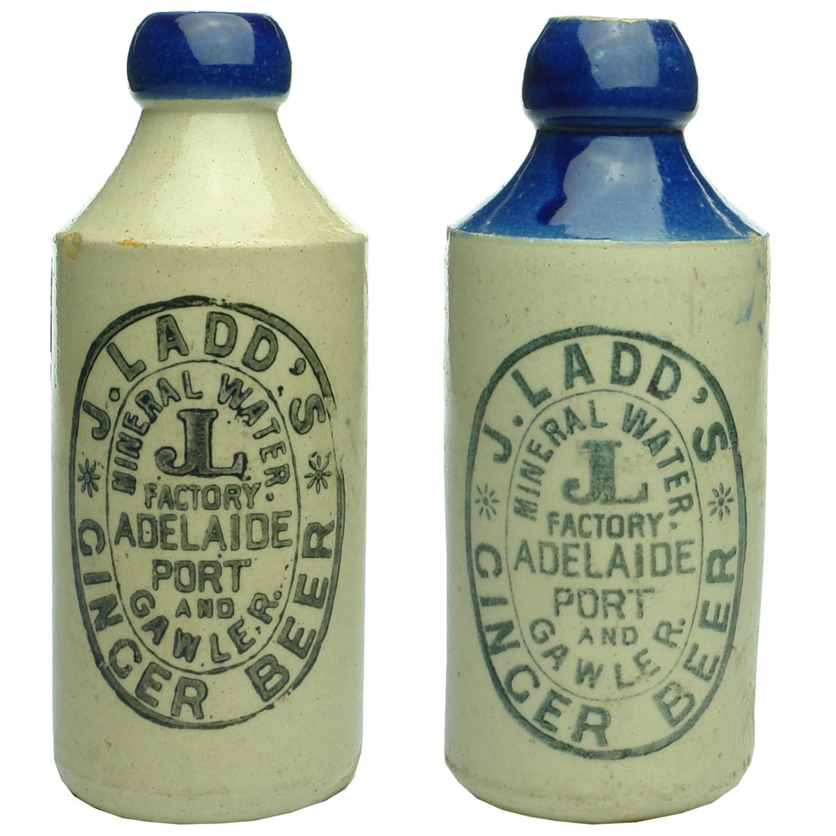 Two Ginger Beers. J. Ladd's, Adelaide, Port and Gawler. Cork stopper. Blue Lip & Blue Top. Mauri Bros & Thomson. 10 oz. (South Australia)