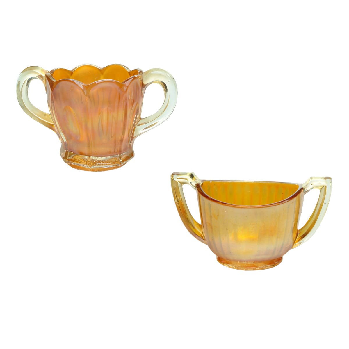 2 Carnival Glass Sugar Bowls: Dugan Marigold; Marigold Smooth Rays.