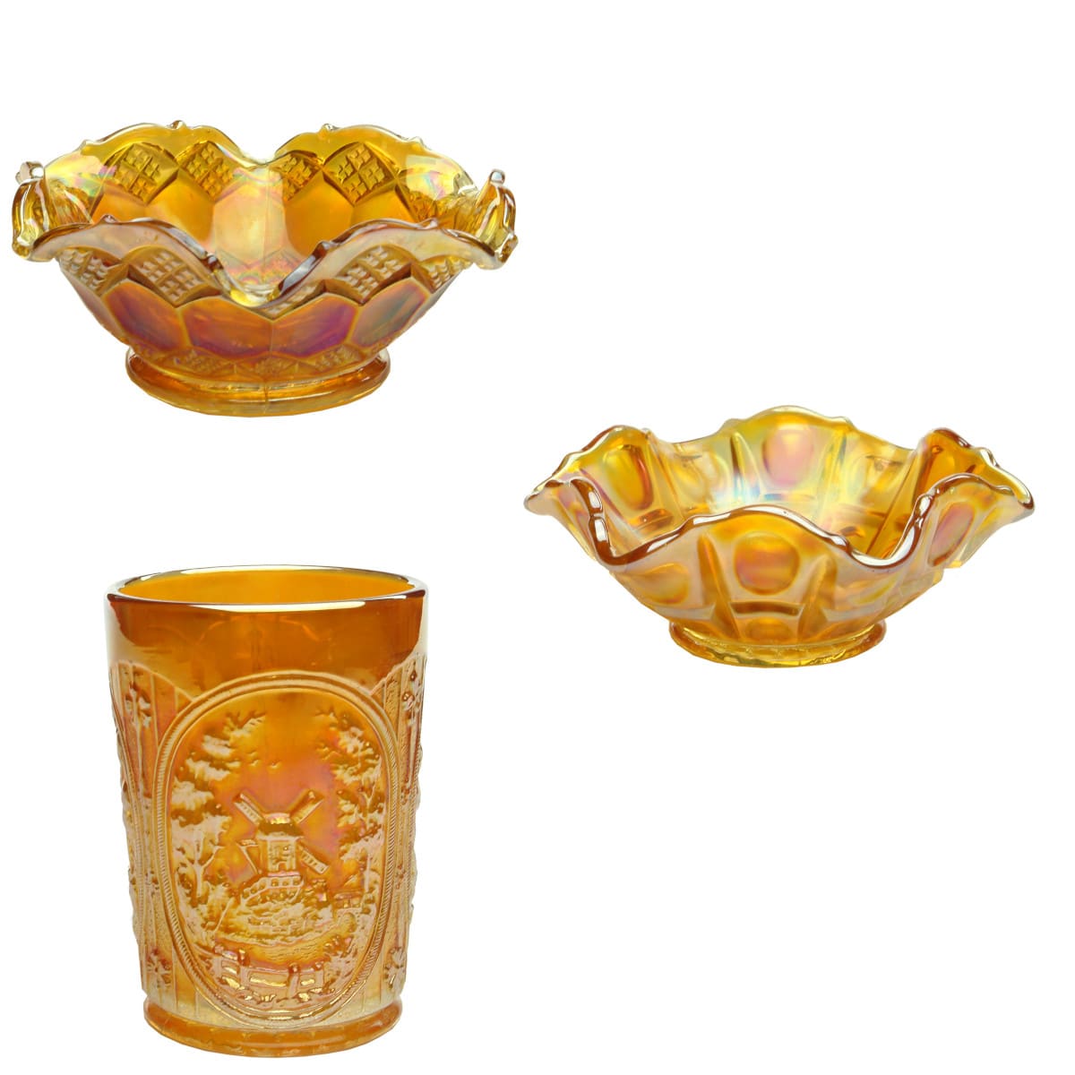 3 Carnival Glass Items: Marigold bowl; Marigold Ruffled bowl; Imperial Windmill Glass.
