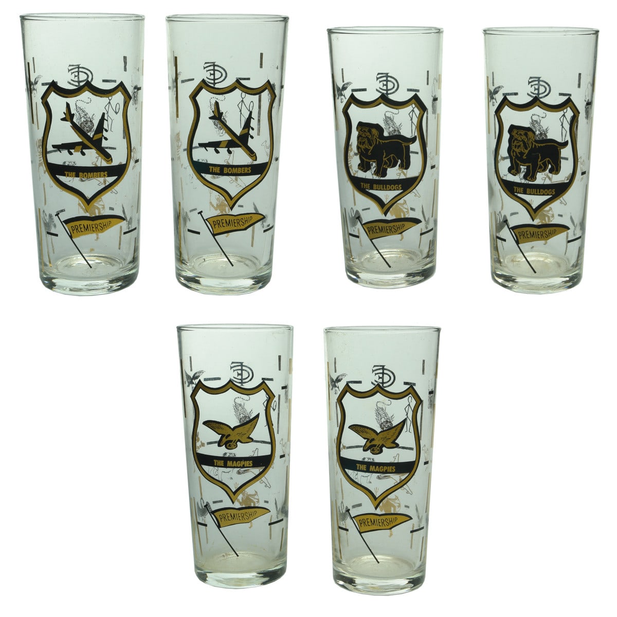 Six decorated glasses. 2 x The Bombers. Essendon Football Club. 2 x The Magpies. Collingwood Football Club. 2 x The Bulldogs. Footscray Football Club. Premiership. Other VFL Logos on backs. (Victoria)