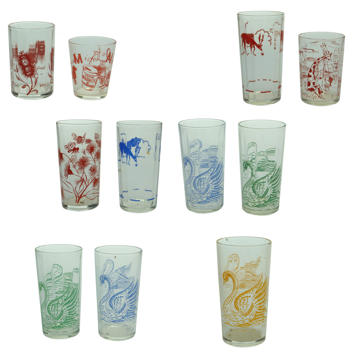 11 Ceramic label decorated glasses. Flowers, Animals, Bottle Brush, Giraffes, Letters M to O, 5 x Swans.