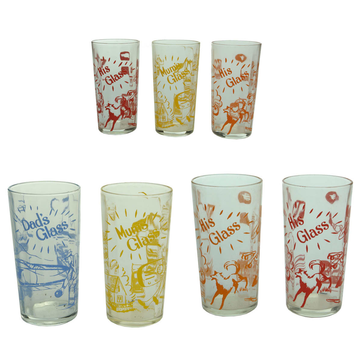 7 Ceramic label decorated glasses: 4 x His Glass (Red & Orange); 2 x Mum's Glass (Yellow); 1 x Dad's Glass (Blue).