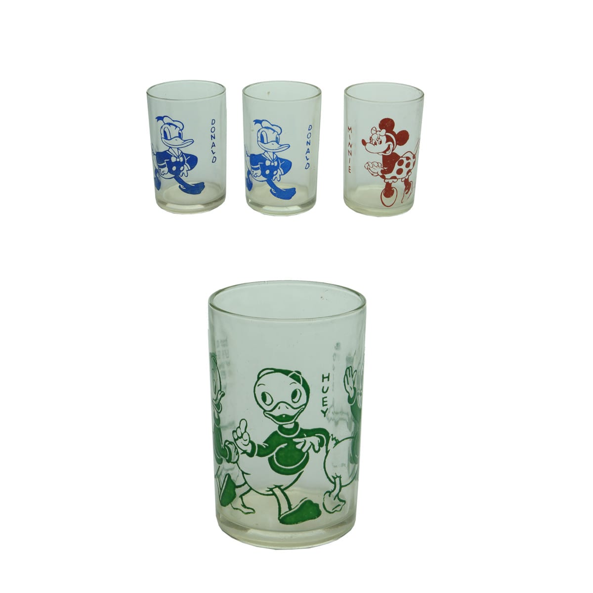 Four Ceramic Label Disney Glasses: 2 x Donald Duck; Dewey, Huey & Louie; Minnie Mouse.