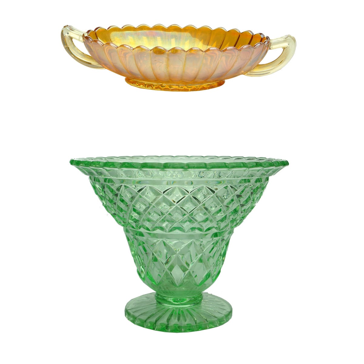 2 large glass bowls: Carnival Glass, Marigold Sweets Bowl and large facetted Depression glass bowl.