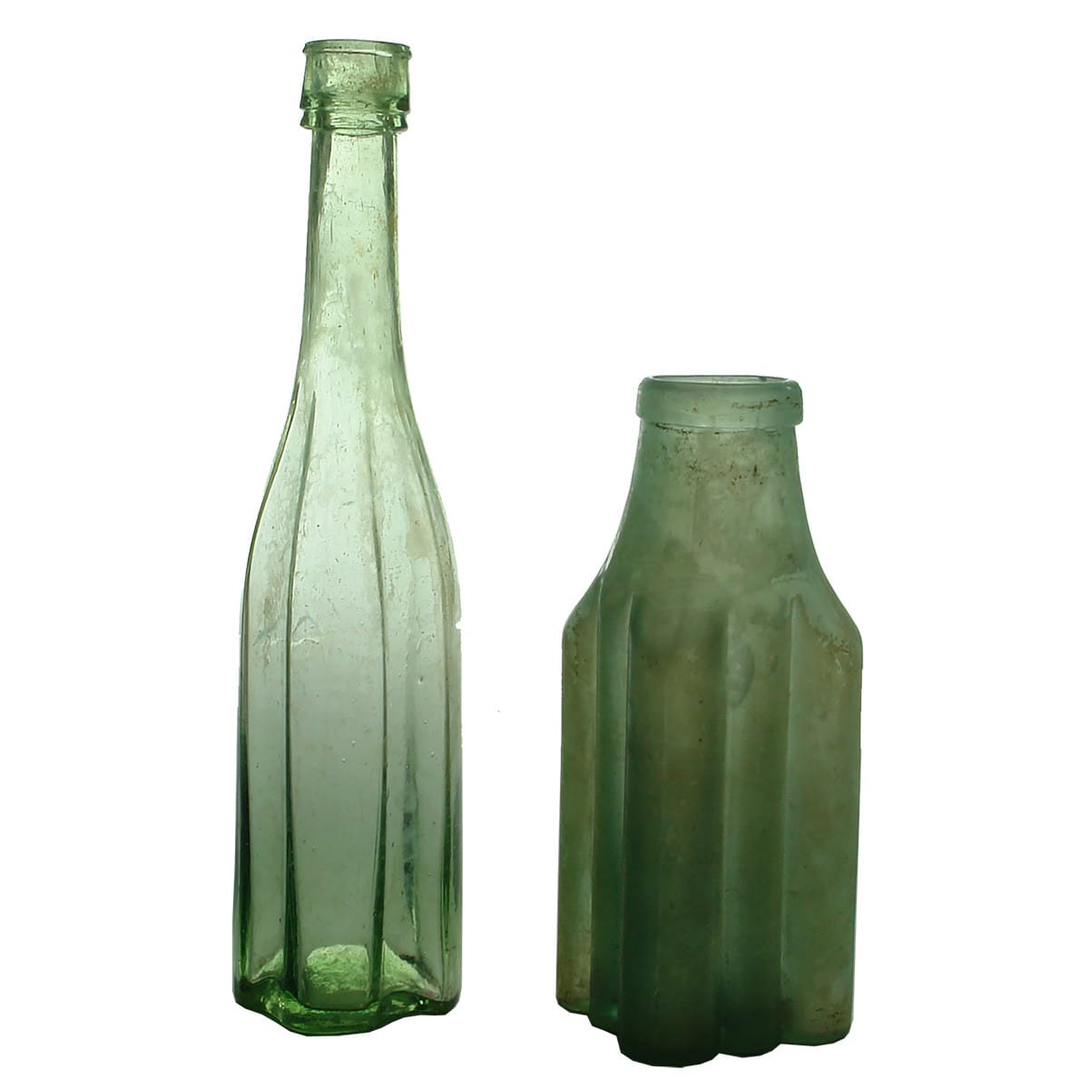 Pair of Goldfields Era bottles: Salad oil or sauce. Ribbed pickle.