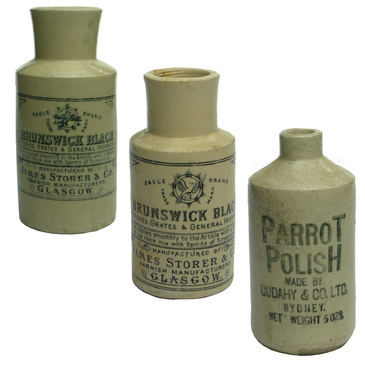 3 Blacking/Polish Jars. James Storer Brunswick Black, Glasgow. 13 & 6 oz. and a Parrot Polish, Cudahy, Sydney.